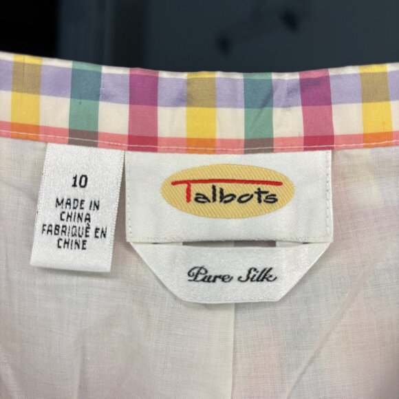 TALBOTS 100% Silk Pastel Plaid Cropped Pant Womens 10 Side Zip Flat Front - Picture 7 of 7